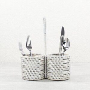 NEW Tight Woven Rattan Dual-Case Condiment Holder-Whitewash